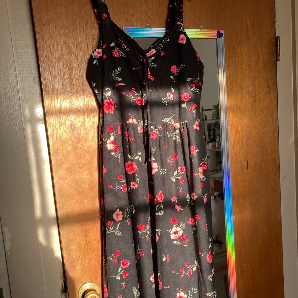Floral Black Dress with Red and Green Accents